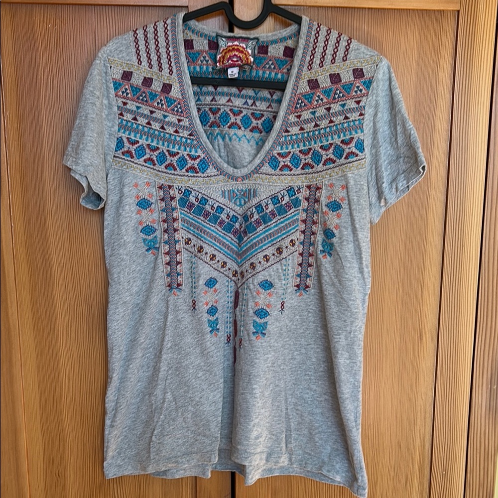 Johnny Was Gray Tee with Colorful Embroidery